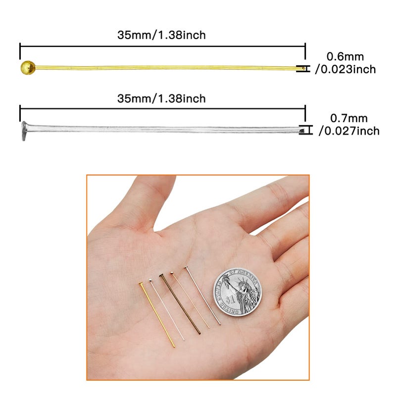 Oubaka 1000pcs Assorted Head Pins Set for Jewelry Making includes 500pcs Ball Head Pins and 500pcs Flat Head Pins  Beading Pins for DIY Craft(35mm 5 Colors) - Image 3